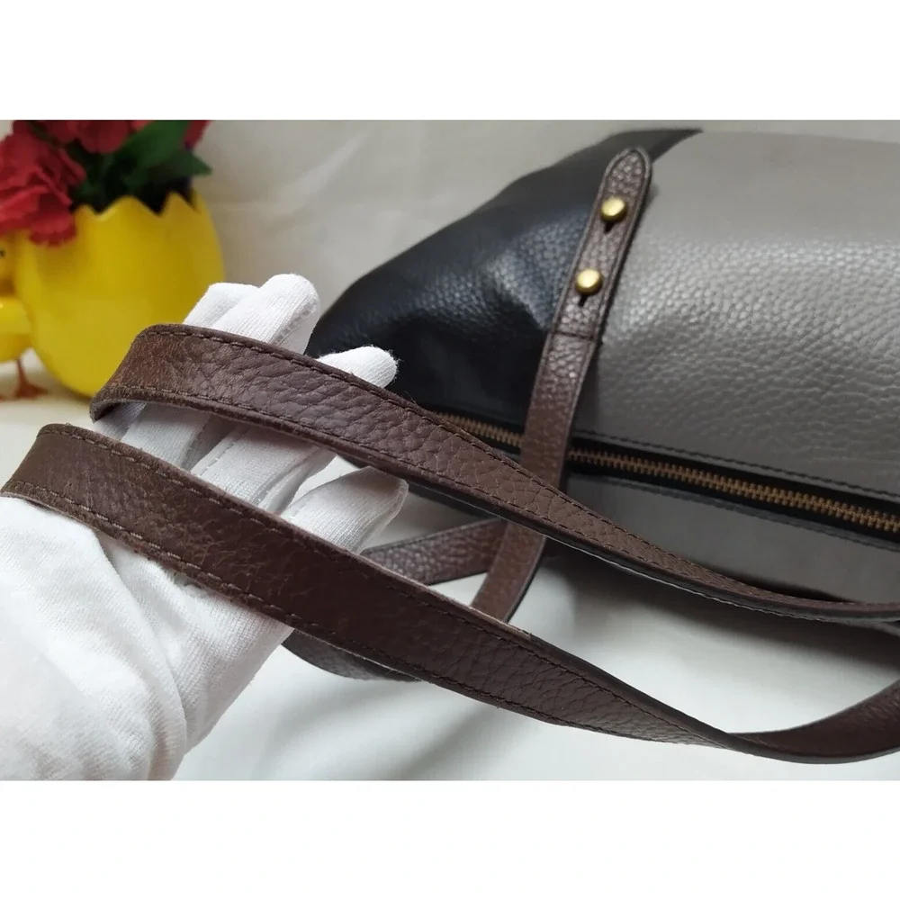 Fossil Colorblock Black Gray Pebbled Leather Double Handle Satchel Shoulder Bag